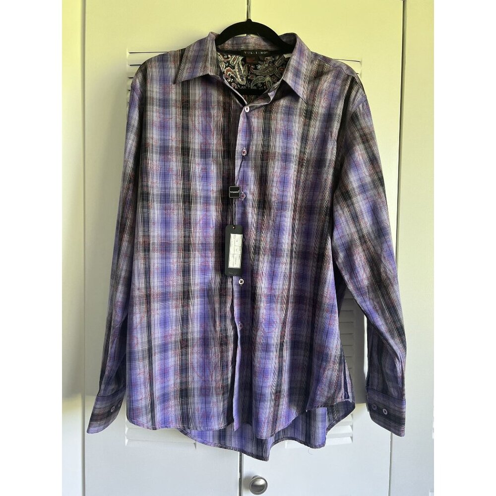 Tulliano Men's L Plaid & Heart Design Long Sleeve Shirt 100% Cotton Casual